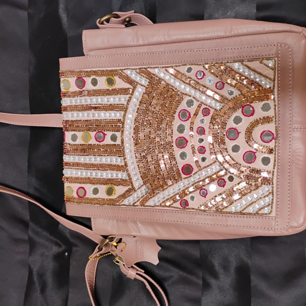 Embellished Genuine Leather Tan and Gold Women's Bag
